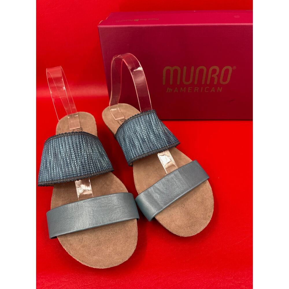 Munro Riviera Two Strap Slide Wedge Blue Shimmer Sandals Size 10 1/2 Wide W/Box